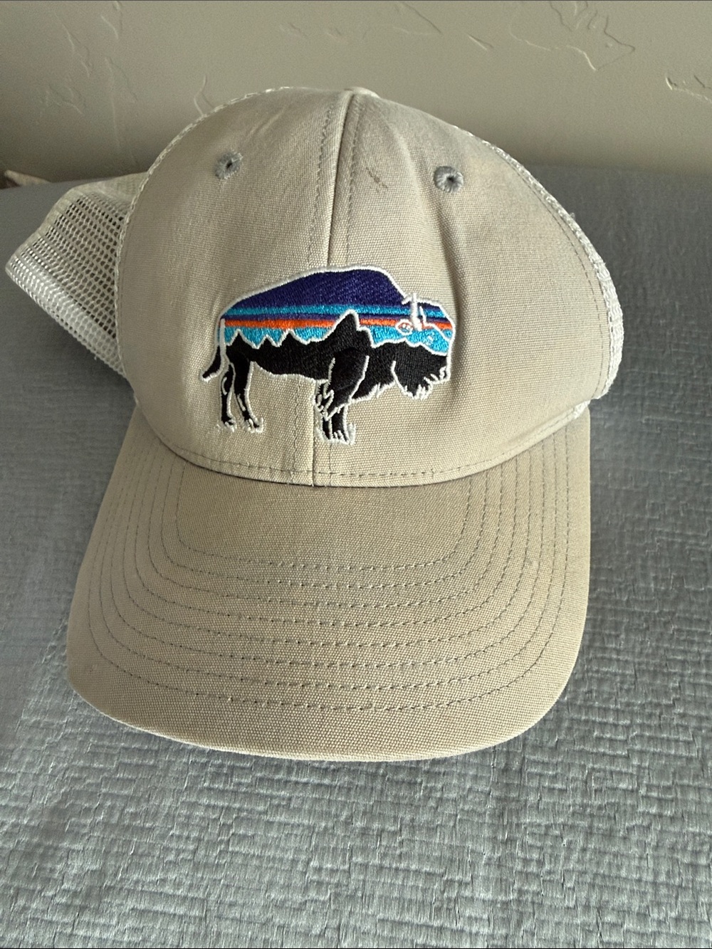 Patagonia Beige Trucker Hat with Multicolor Buffalo Patch